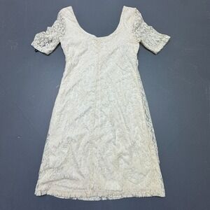 Volcom Dress Women's M White Lace Mini Fit Flare Short Sleeve Stretch Scoop Neck